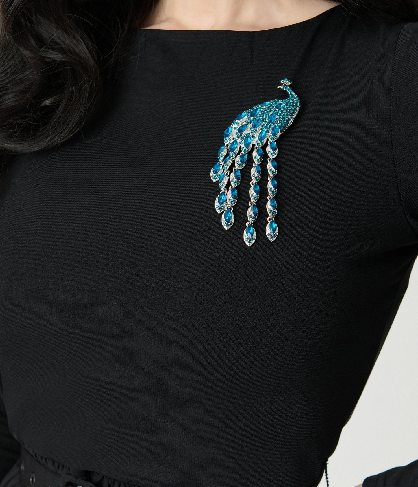 Unique Vintage Black & Peacock Brooch Maxi Dress