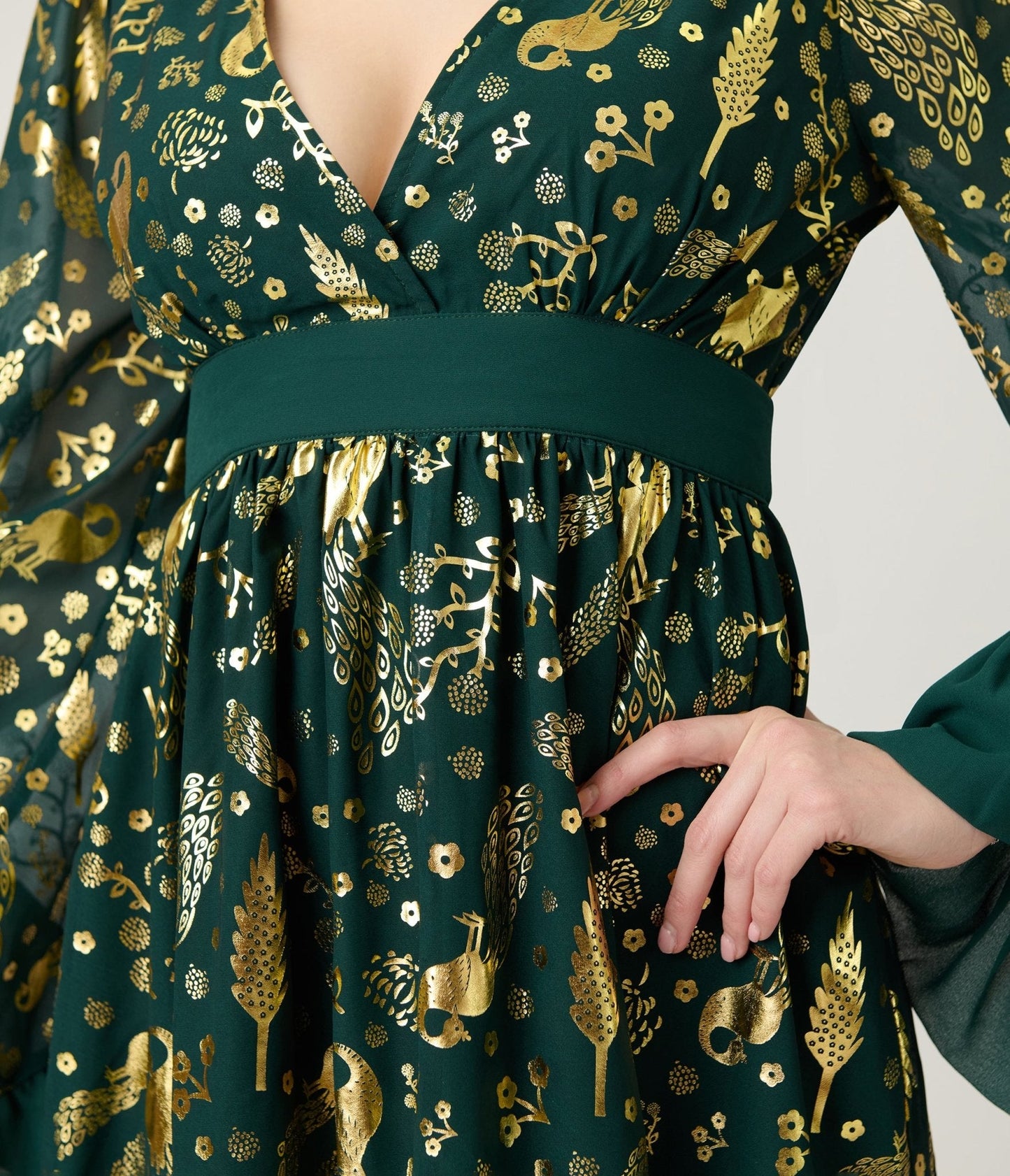 Unique Vintage Green & Gold Foil Peacock Print Maxi Dress