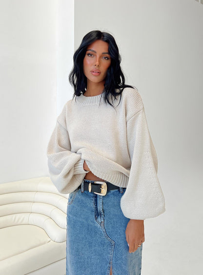 Harmony Balloon Sleeve Knit Sweater Beige
