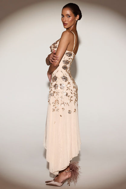 Embellished Soft-Scoop Asymmetric Midaxi Dress in Gold