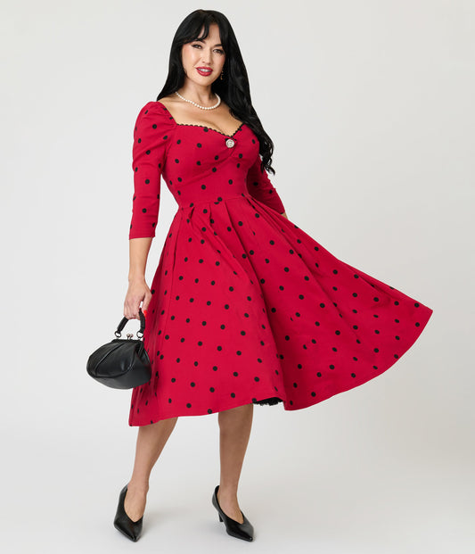 Unique Vintage Burgundy & Black Dot Sweetheart Lamar Swing Dress