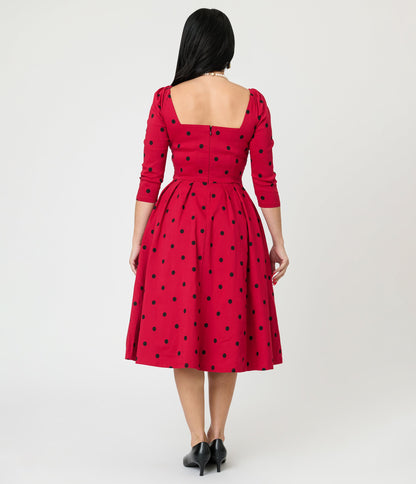 Unique Vintage Burgundy & Black Dot Sweetheart Lamar Swing Dress