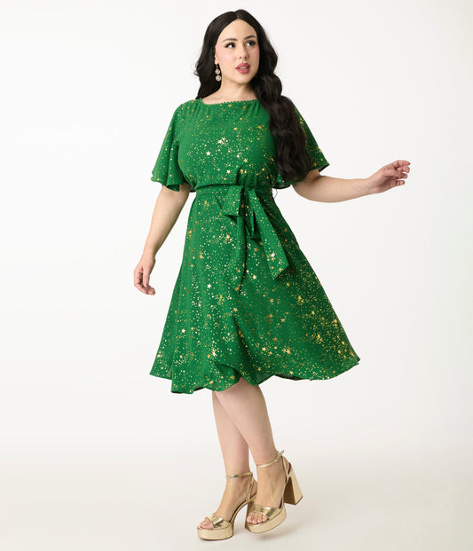 Unique Vintage Plus Size Green & Gold Star Swing Dress