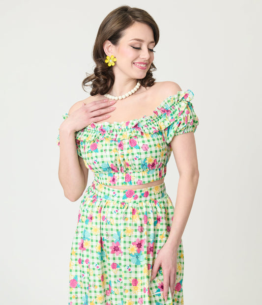 Disney Princess Collection by Unique Vintage Green Gingham Princess Floral Ruffle Up Crop Top