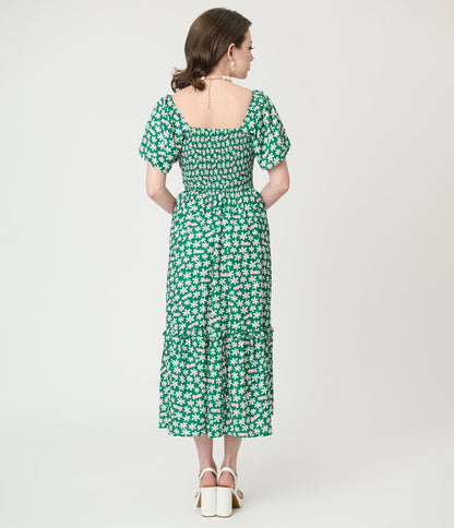Barbie™ x Unique Vintage Green Ditzy Daisy Smocked Midi Dress