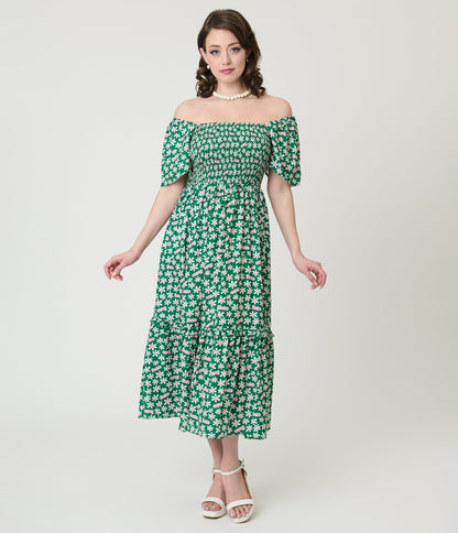 Barbie™ x Unique Vintage Green Ditzy Daisy Smocked Midi Dress