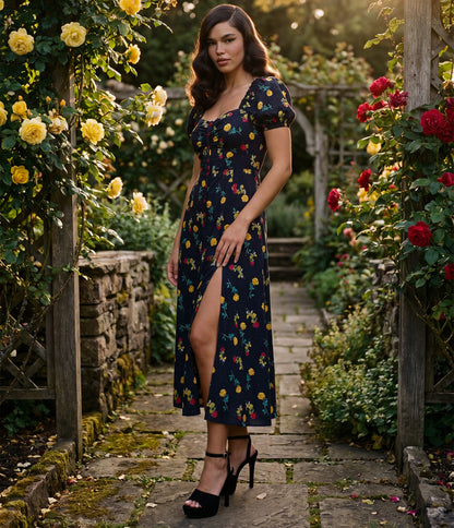 Unique Vintage 1940s Black Floral Midi Dress