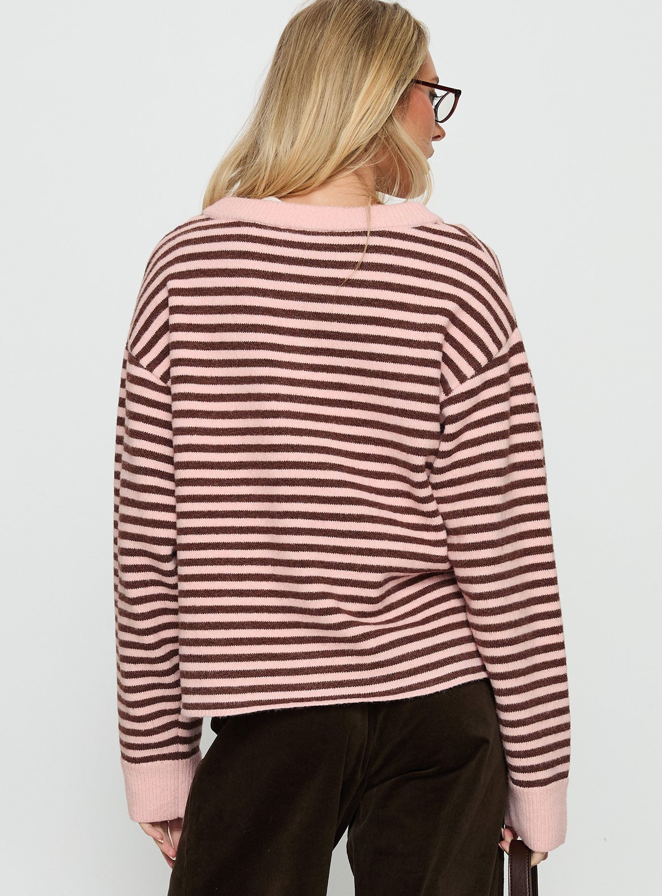 Darnelle Button Up Knit Cardigan Pink Stripe