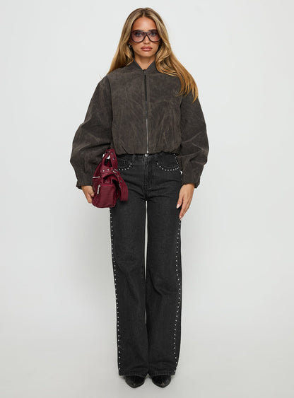 Mastery Faux Suede Bomber Jacket Charcoal