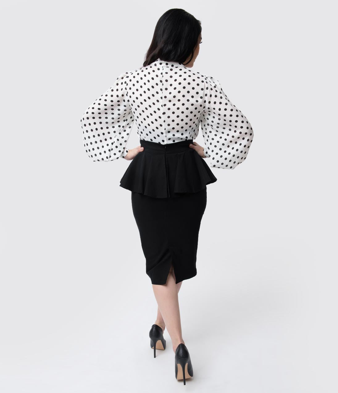 Unique Vintage 1940s Black Stretch Peplum Boulevard Pencil Skirt