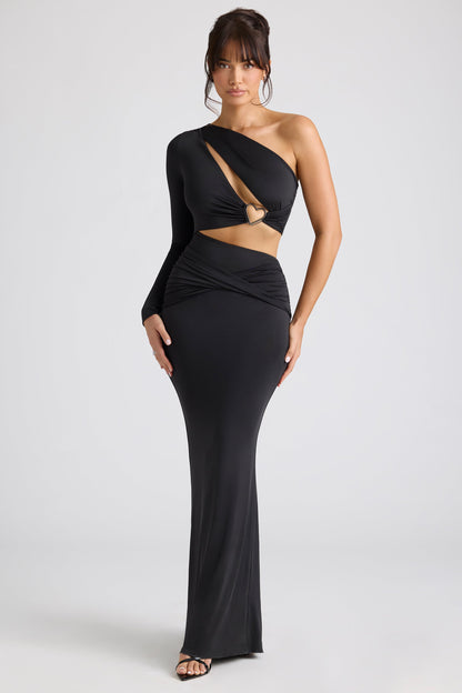 Single Sleeve Cut Out Evening Gown in Black
