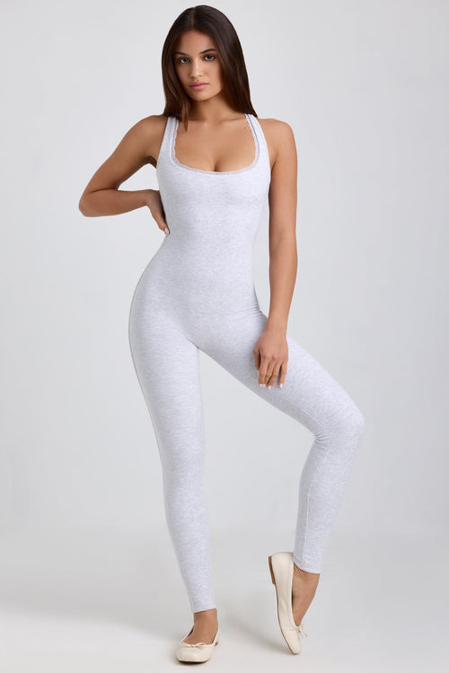 Ribbed Modal Lace-Trim Jumpsuit in Grey
