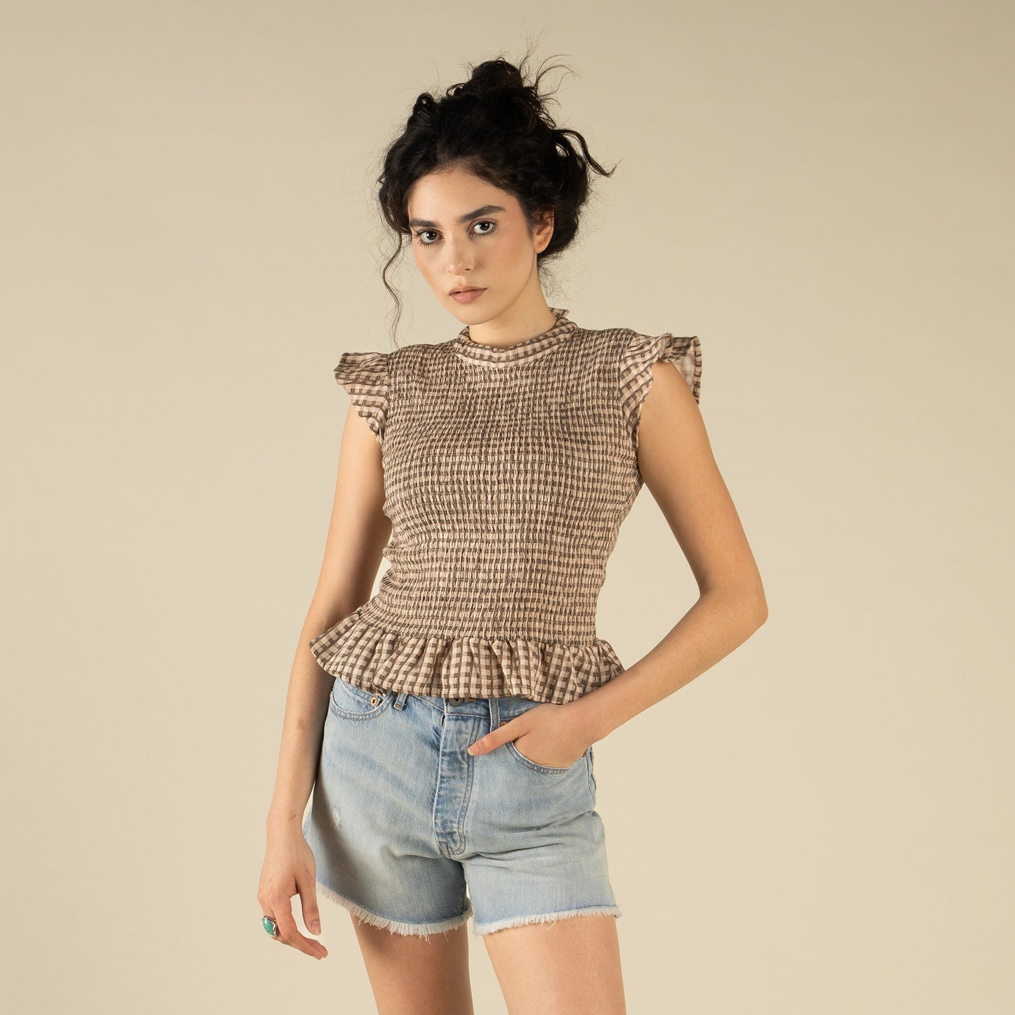 The Hattie Smock Top - Picnic Check - Brown/Cream