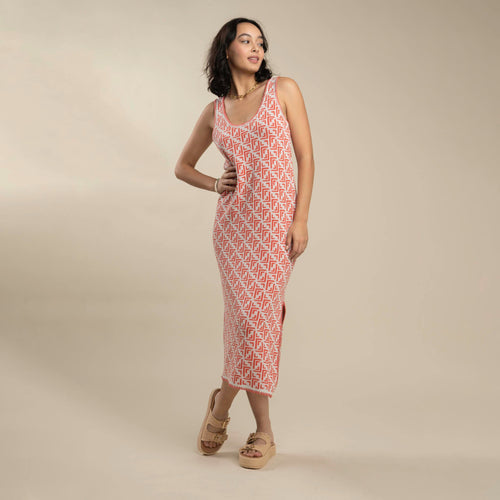 Puebla Knit Dress - Mosaic Dress - Coral