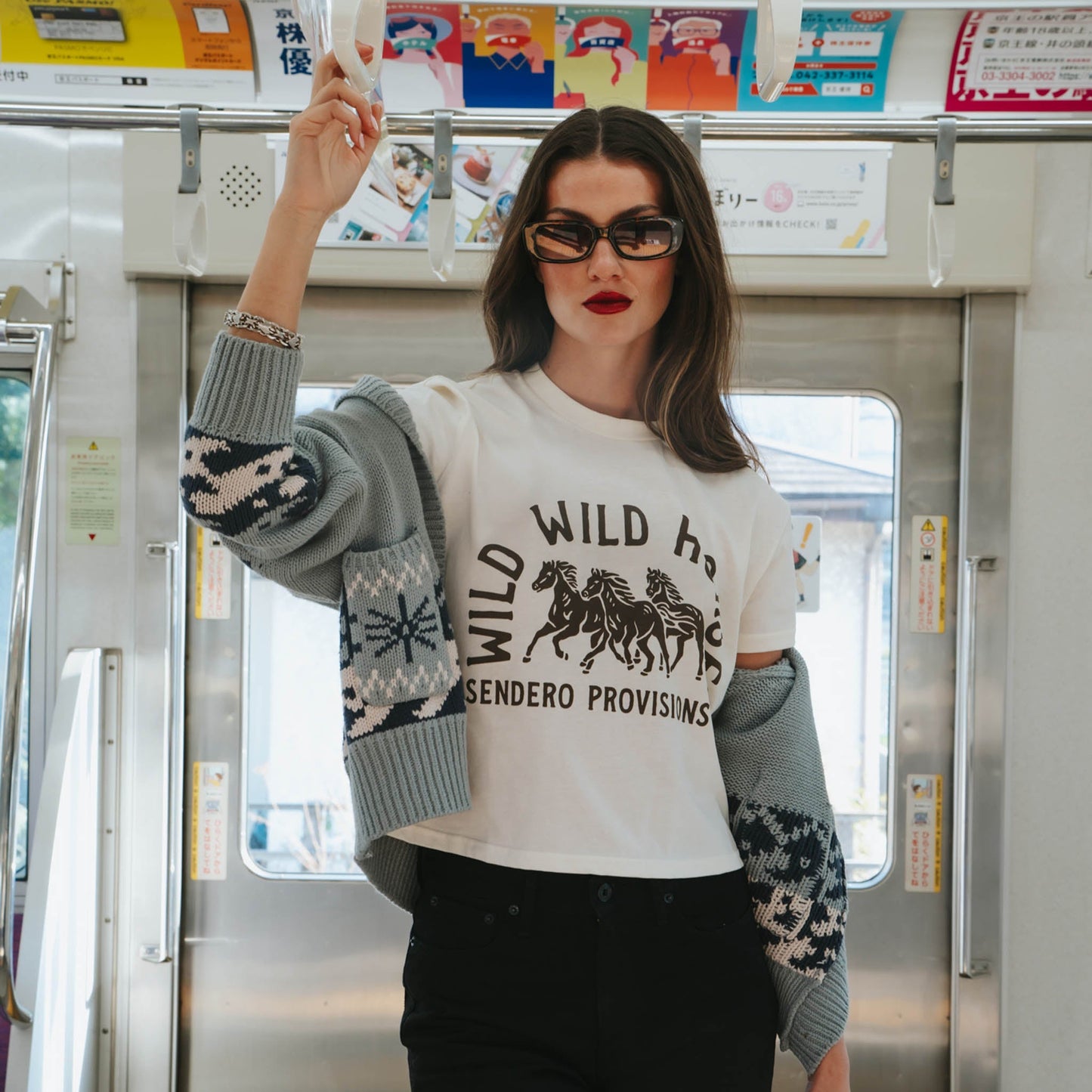 Wild Wild Horses Boxy Tee - Vintage White/Brown Print