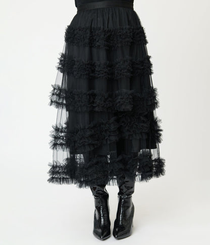 Black Mesh Ruffled Tier Midi Skirt