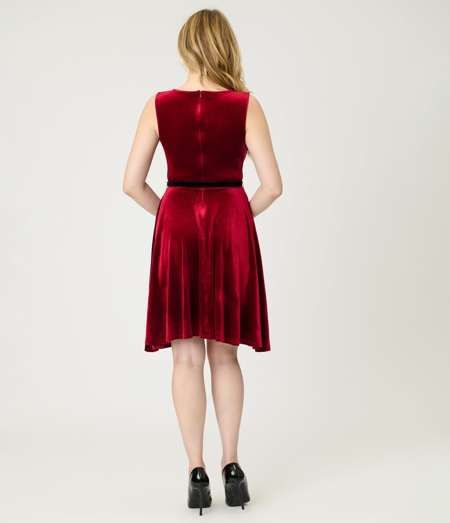 Burgundy Velvet Belted Swing Dress