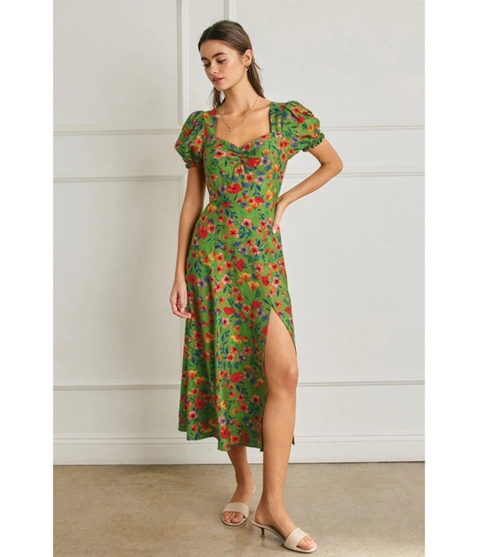 Green Floral Print Puff Sleeve Midi Dress