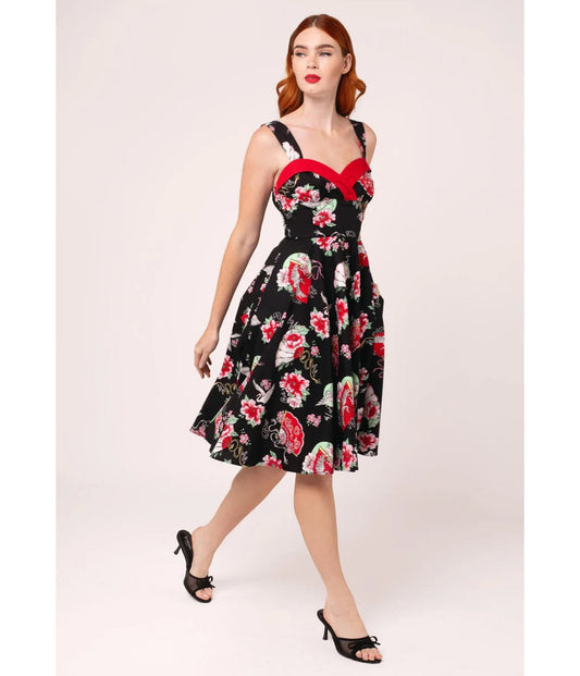 Hell Bunny Black & Red Floral Sweetheart Swing Dress