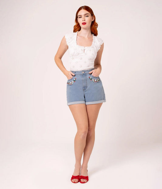 Hell Bunny Strawberry & Light Denim Shorts