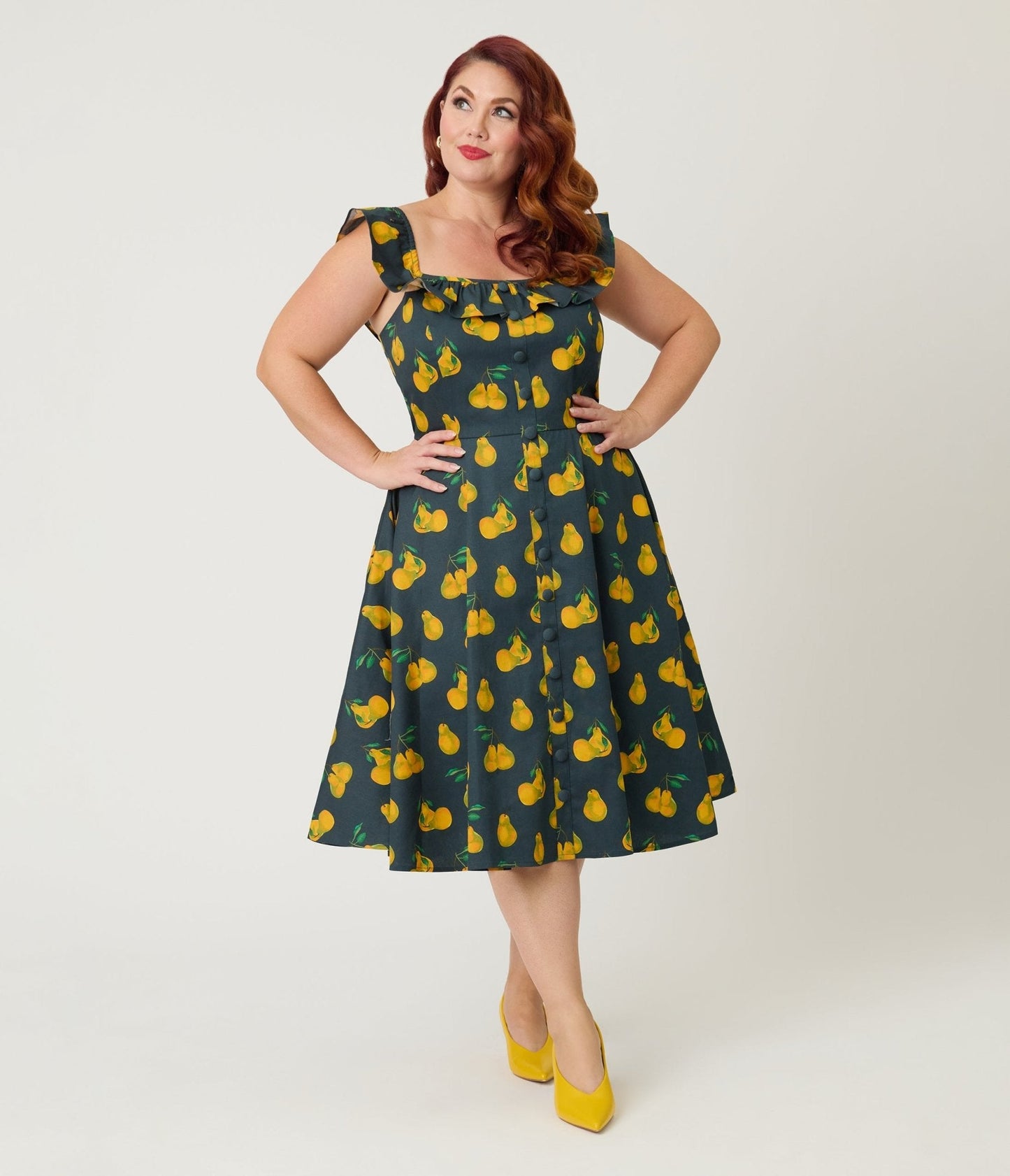 Magnolia Place Plus Size Black & Yellow Pear Print Barbara Swing Dress