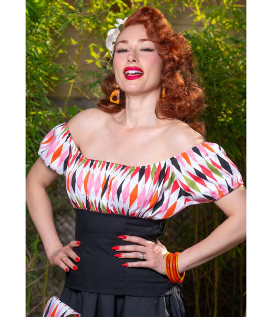 Multicolor Diamond Print Peasant Top
