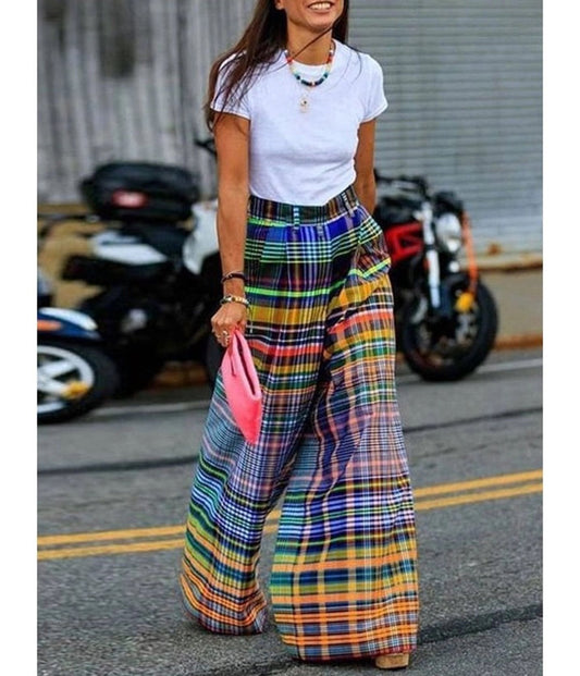 Multicolor Plaid Wide Leg Pants