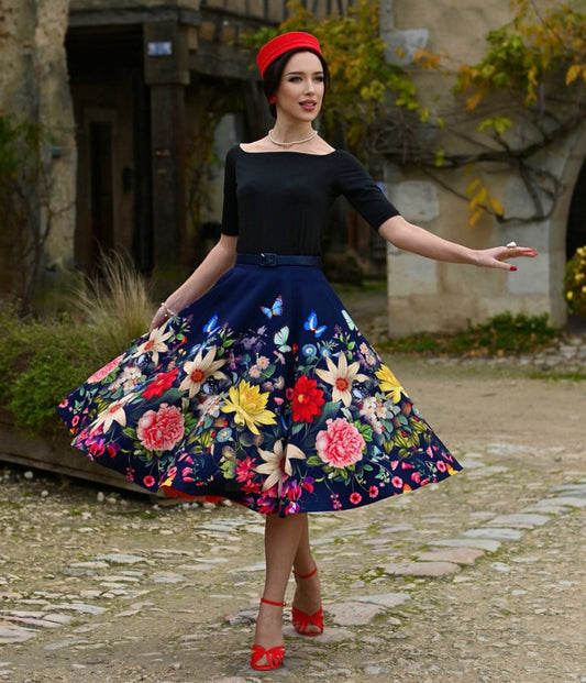 Navy Butterfly Meadow Swing Skirt
