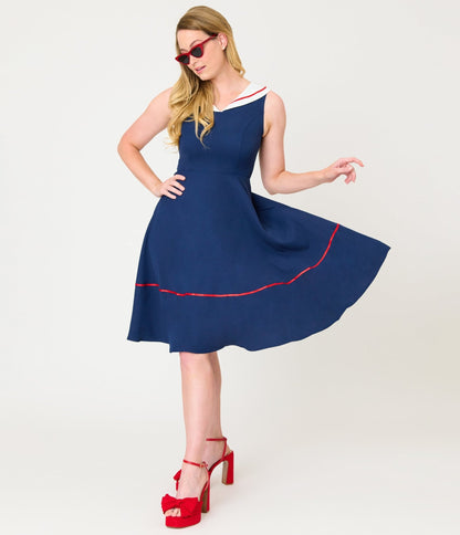 Navy & White Collared Flare Dress