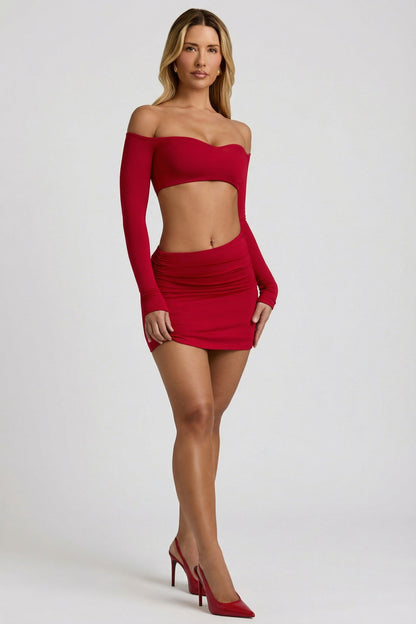 Modal Asymmetric-Waist Mini Skirt in Red