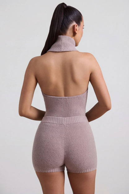 Ribbed-Knit Turtleneck Backless Top in Taupe