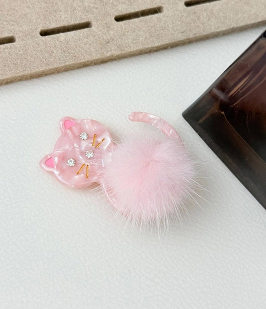 Pink Cat Pom Pom Hair Claw Clip