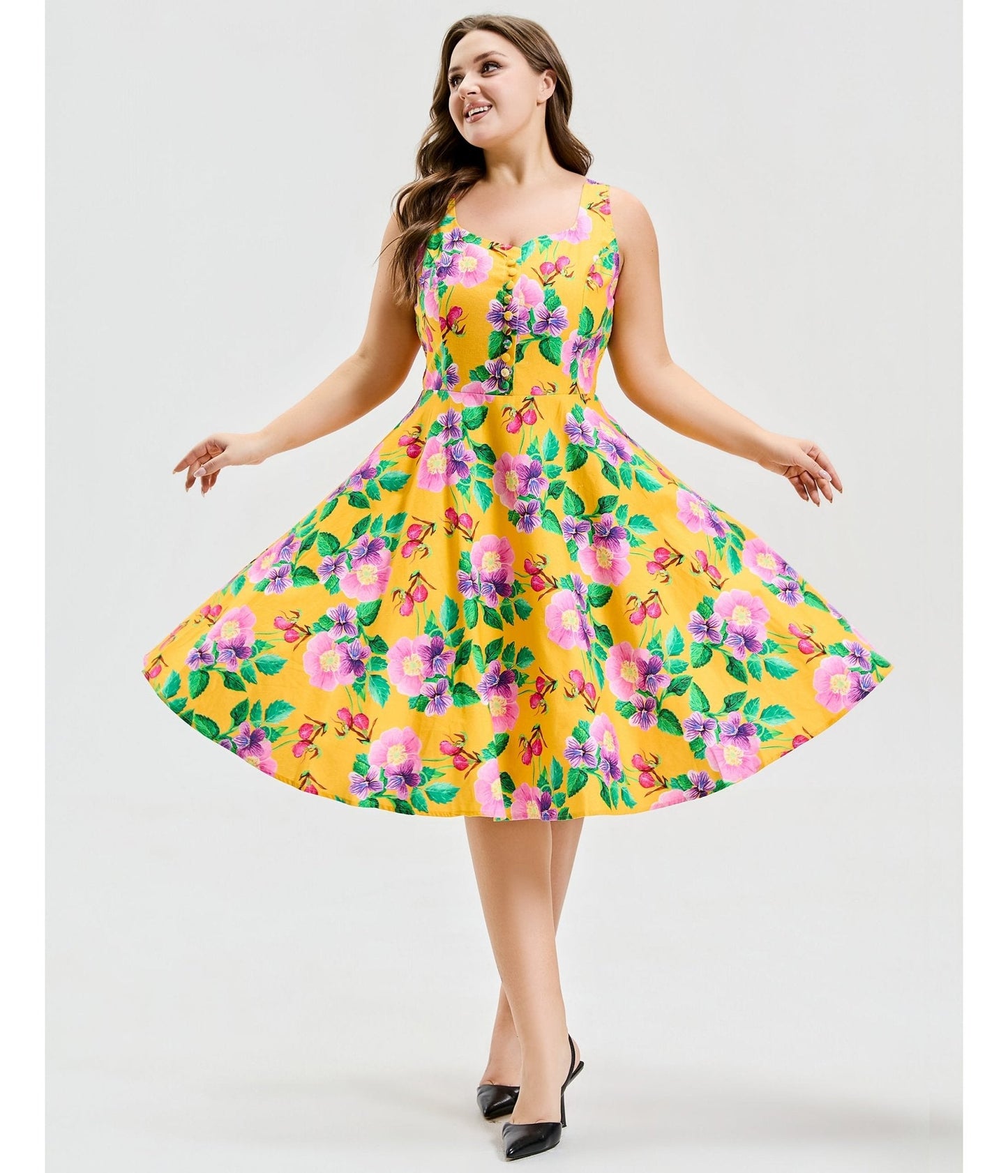 Plus Size Yellow Hibiscus Floral Print Heidi Dress