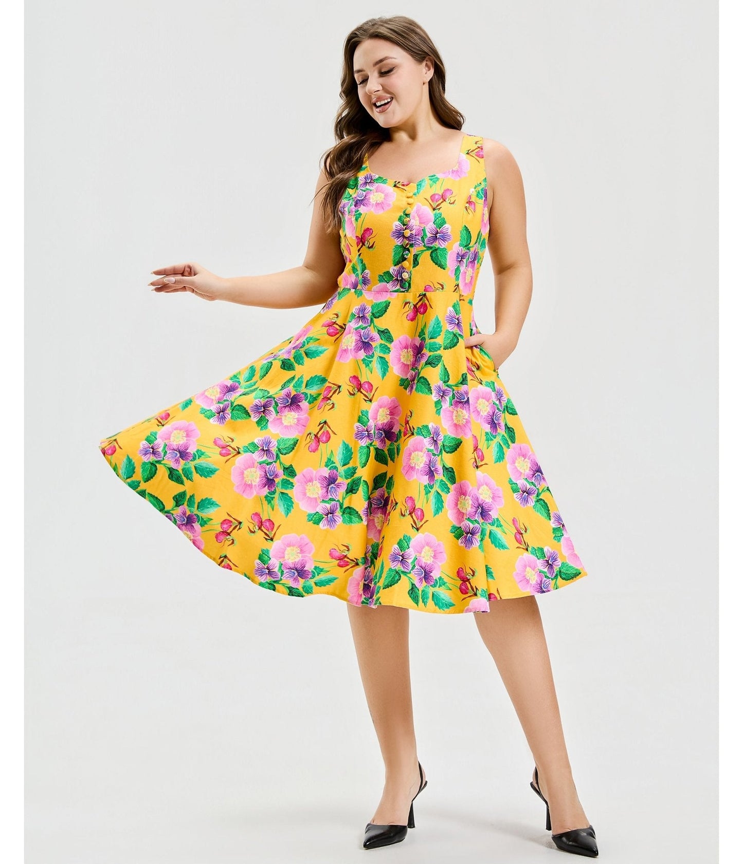 Plus Size Yellow Hibiscus Floral Print Heidi Dress