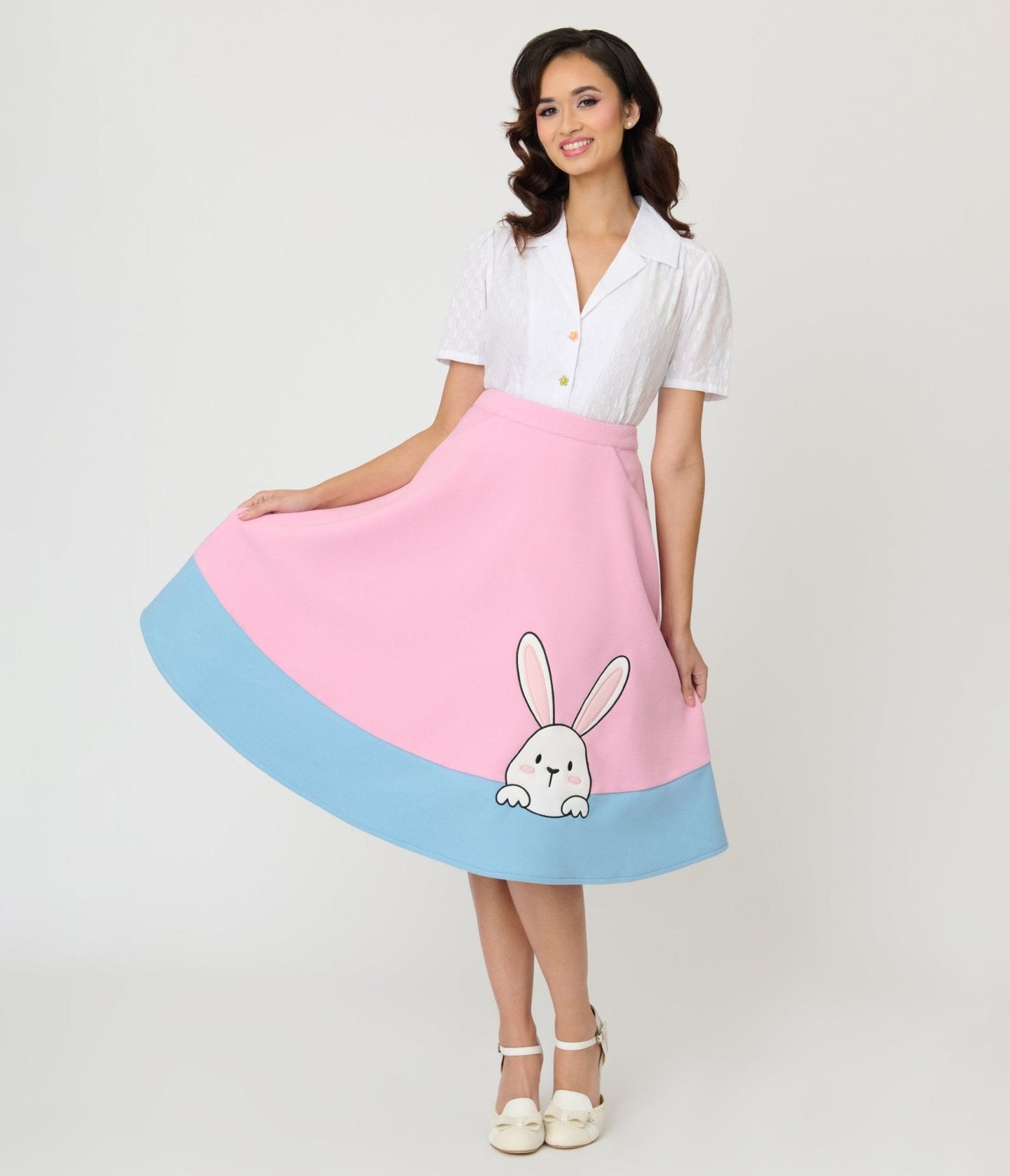 Unique Vintage Pink & Blue Bunny Soda Shop Swing Skirt