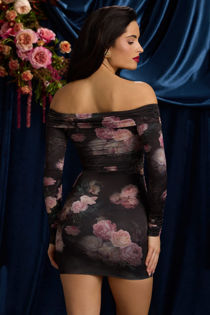 Off-Shoulder Ruched Bodycon Mini Dress in Black Floral Print