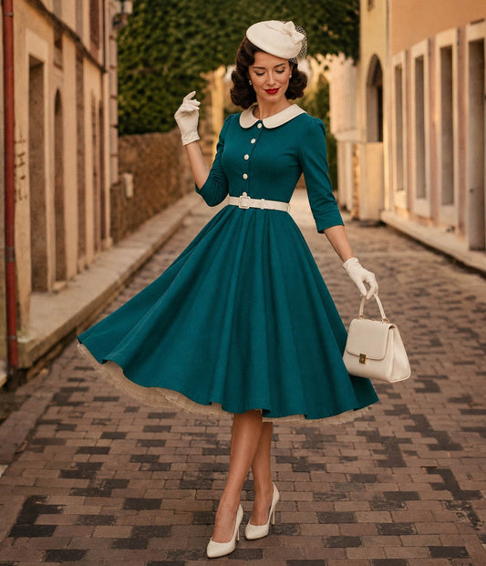 Teal & White Collared Three Quarter Sleeve Swing Dress