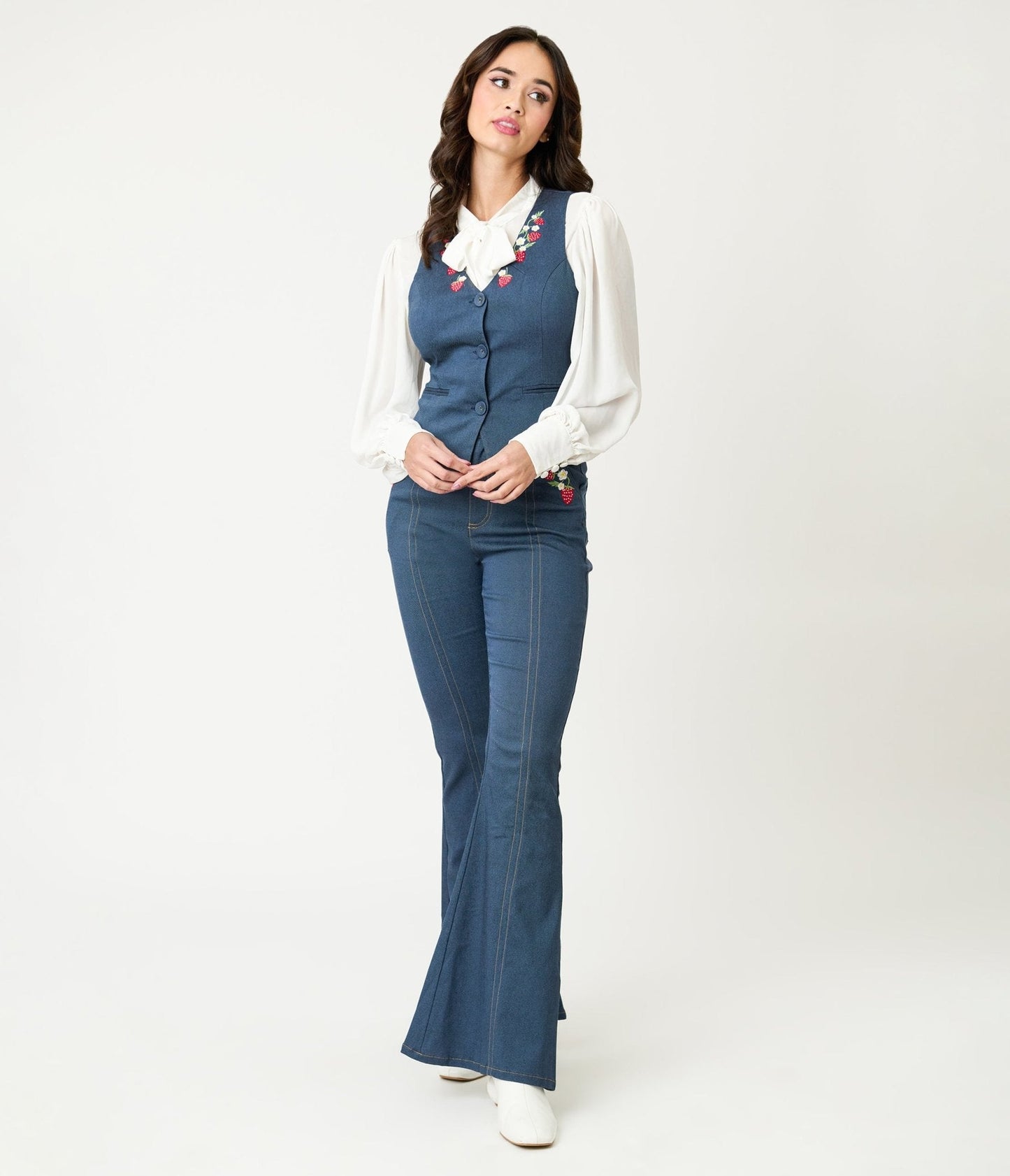 Unique Vintage 1940s Denim Embroidered Button Up Vest