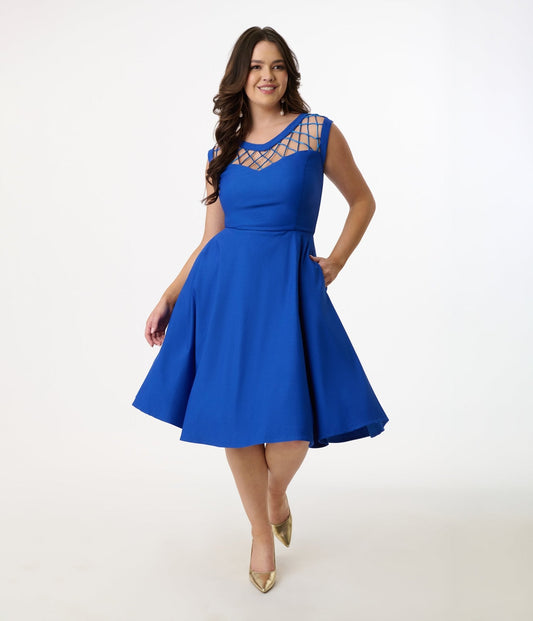 Unique Vintage 1950s Royal Blue Diamond Cable Swing Dress