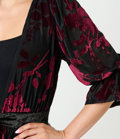 Unique Vintage Black & Berry Floral Velvet Burnout Duster