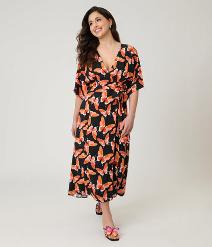 Unique Vintage Black Butterfly Print Wrap Midi Dress