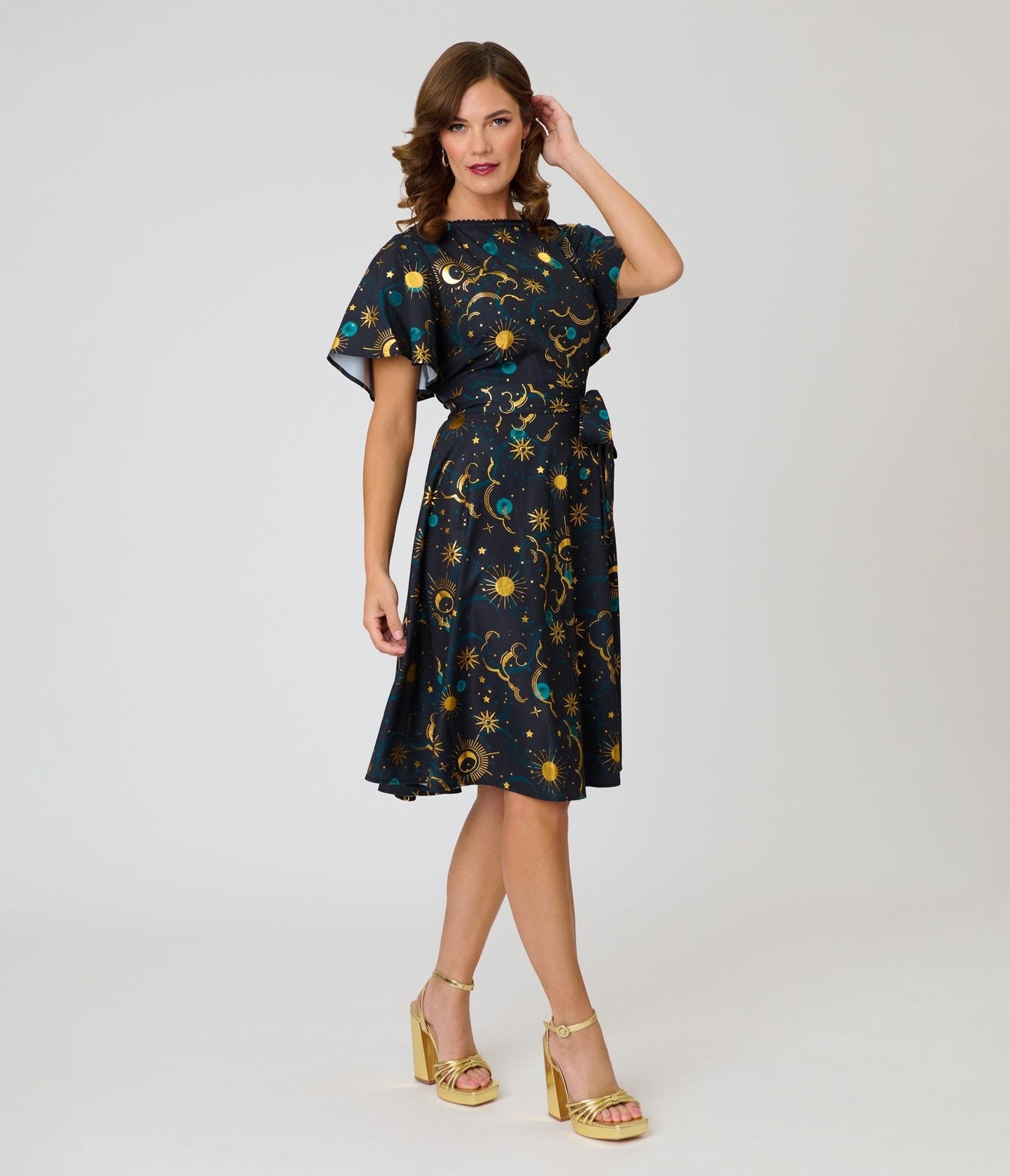 Unique Vintage Black Celestial Print Swing Dress