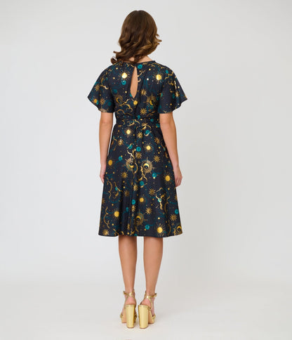 Unique Vintage Black Celestial Print Swing Dress