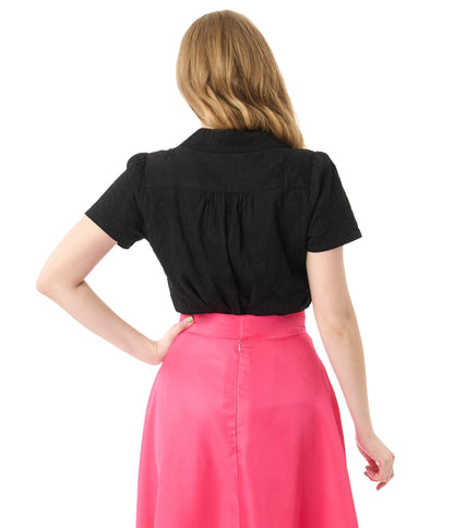 Unique Vintage Black Jacquard Notched Collar Blouse