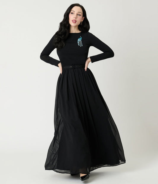 Unique Vintage Black & Peacock Brooch Maxi Dress