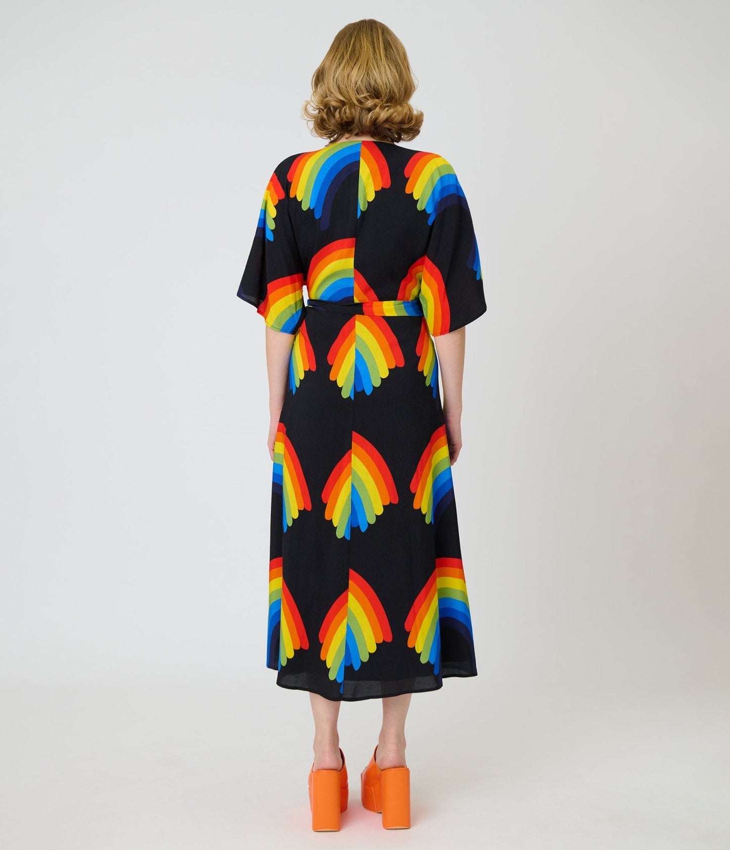Unique Vintage Black Rainbow Wrap Midi Dress