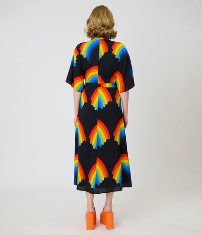 Unique Vintage Black Rainbow Wrap Midi Dress