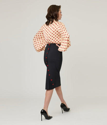 Unique Vintage Black & Red Heart Button Pencil Skirt