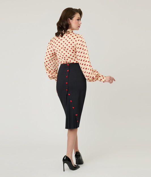 Unique Vintage Black & Red Heart Button Pencil Skirt