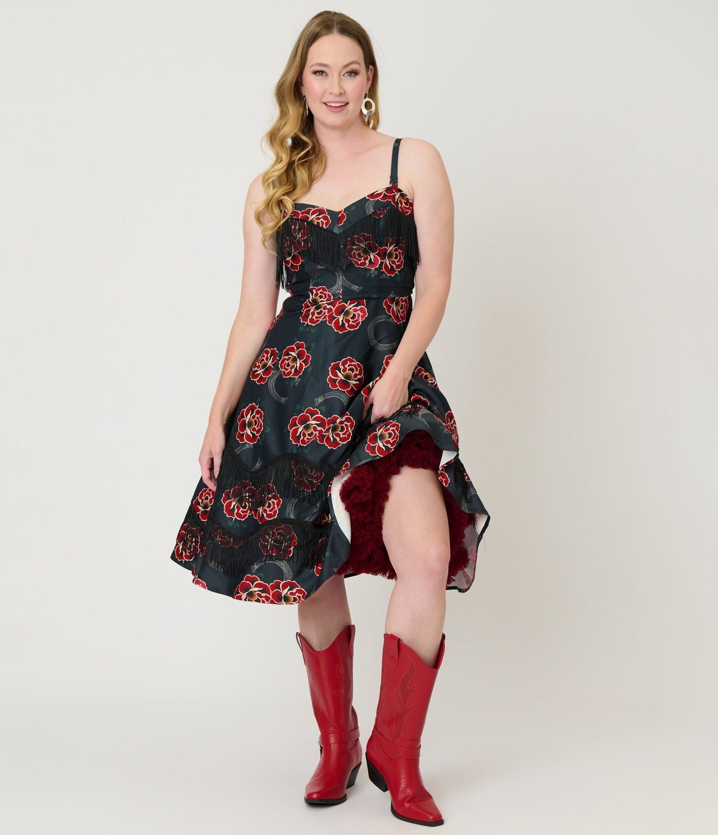 Unique Vintage Black & Rose Print Fringe Girlie Swing Dress
